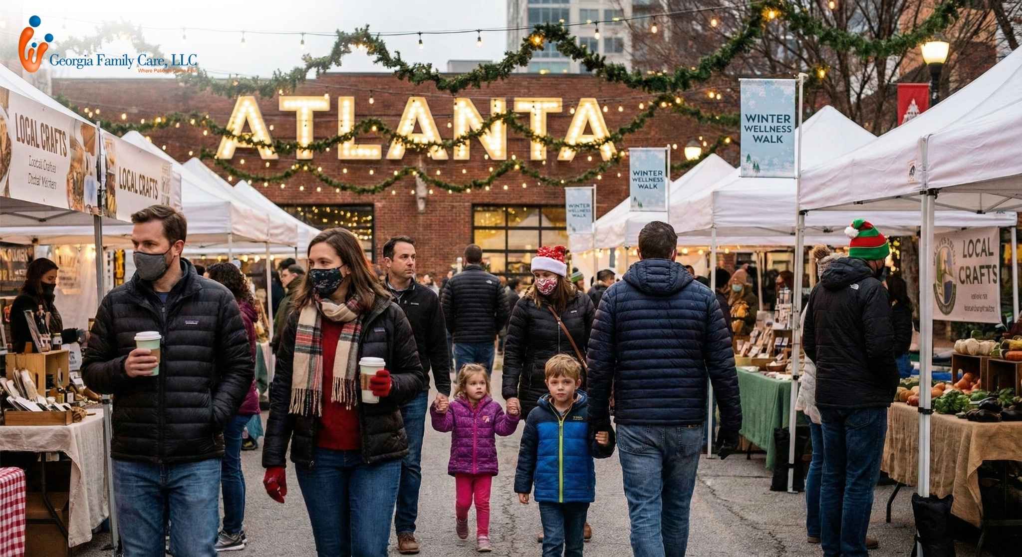 Families enjoying Christmas events in Atlanta at a festive outdoor holiday market with lights, local stalls, and winter activities.