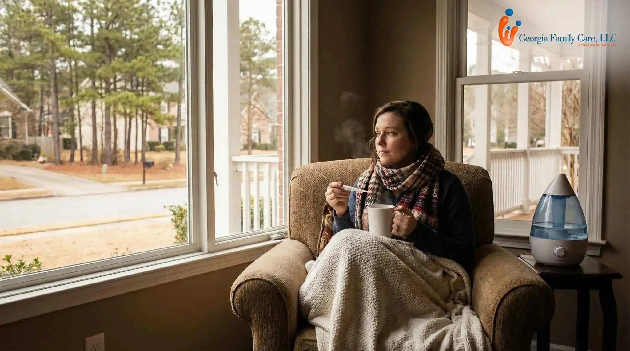 Woman with flu symptoms resting at home in Georgia, wrapped in a blanket while holding a thermometer and warm drink, with a humidifier beside her, Georgia Family Care illustration of flu recovery.