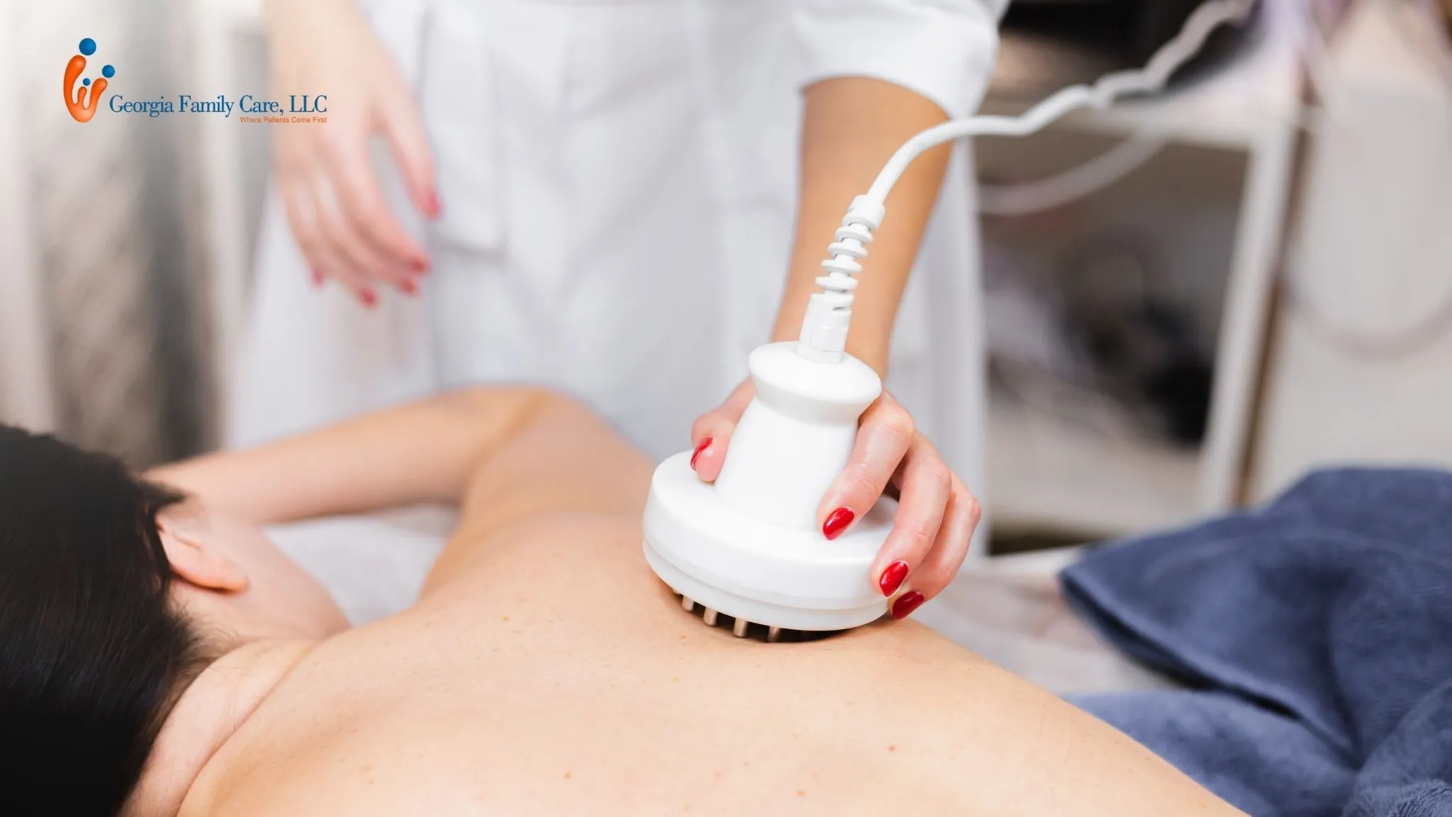 body-contouring-sessions Body contouring treatment being performed on a woman's abdomen using a handheld device in a medical spa setting.