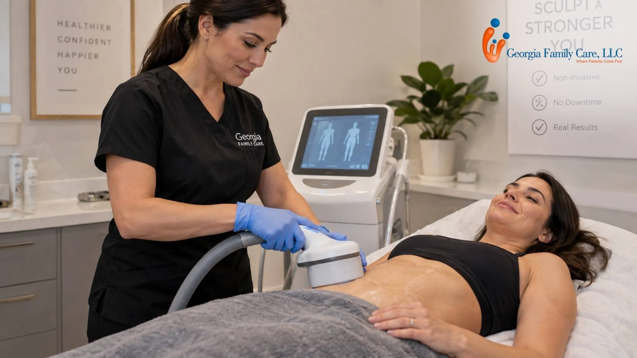 Healthcare professional performing a non-invasive body contouring treatment on a relaxed female patient’s abdomen in a modern medical spa treatment room.